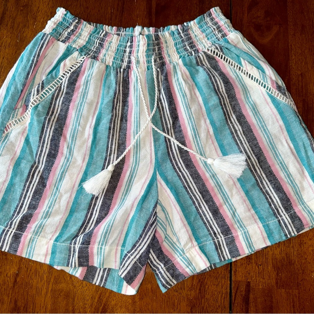 Briggs Shorts Womens Medium Green Pink Pull On Linen Blend Striped